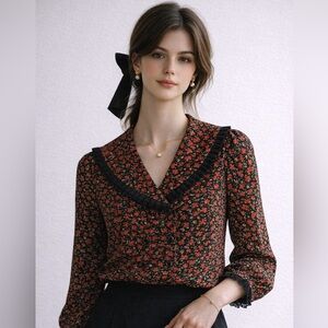 Simple Retro Floral Ruffle Blouse | Double Breasted Romantic Top Size L